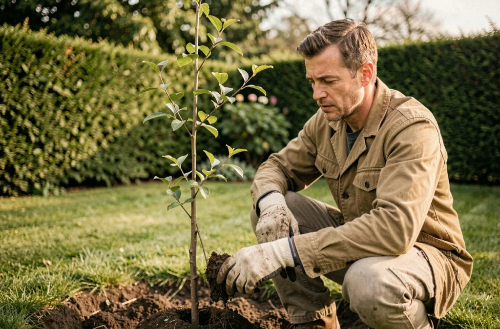 Jardinier Alexandre Vivard plantant un jeune arbre dans un jardin verdoyant des Hauts-de-France