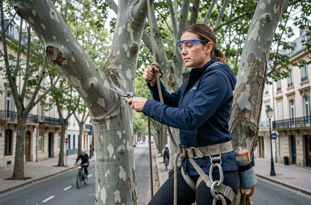 Arboriste femme en harnais grimpant dans un platane sur un boulevard d'Agen pour élaguer les branches