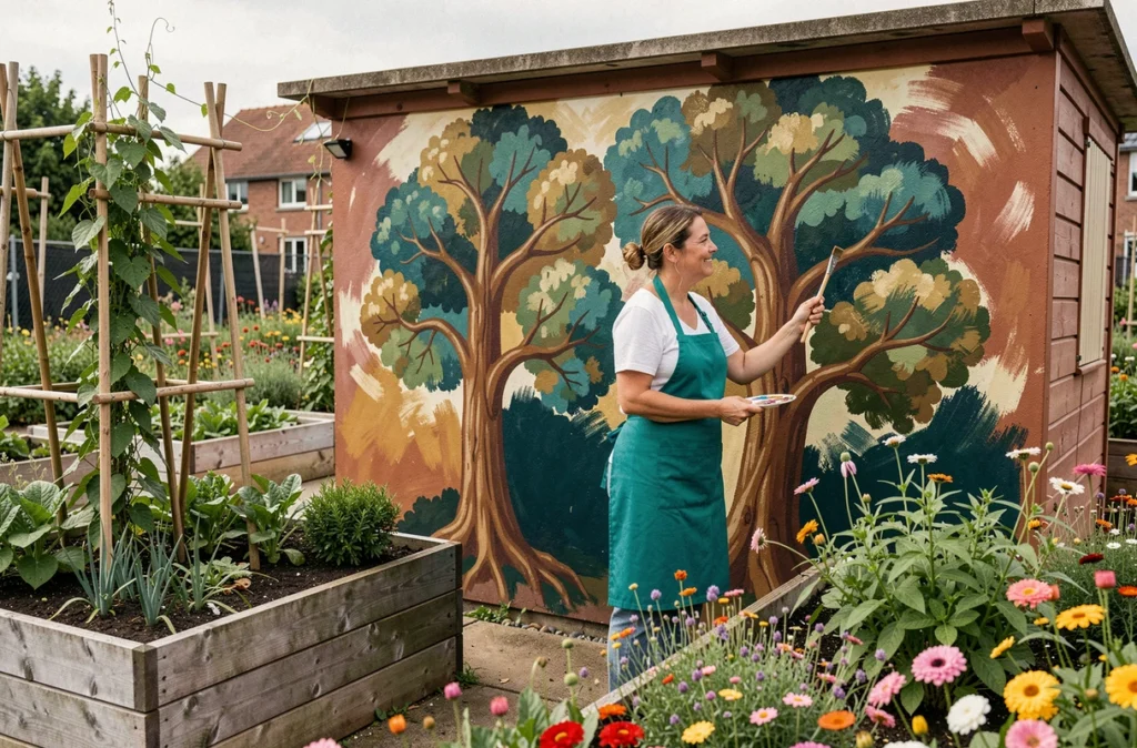 Artiste paysagiste peignant une fresque colorée d'arbres sur un mur de jardin communautaire pour Arbre-en-ciel