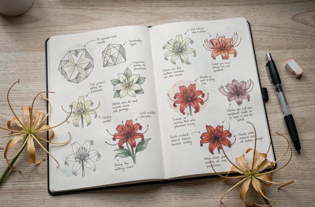 Carnet de croquis d'un tatoueur ouvert avec plusieurs designs de lycoris radiata et fleurs séchées comme référence botanique