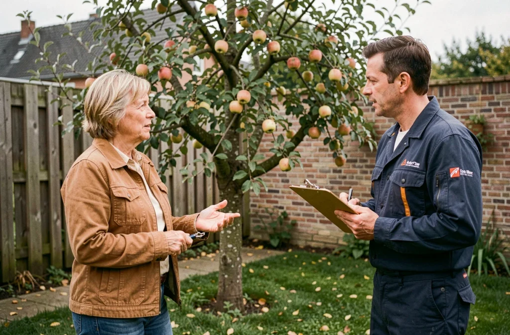 Propriétaire consultant un spécialiste en élagage dans son jardin pour tailler un pommier à Lille