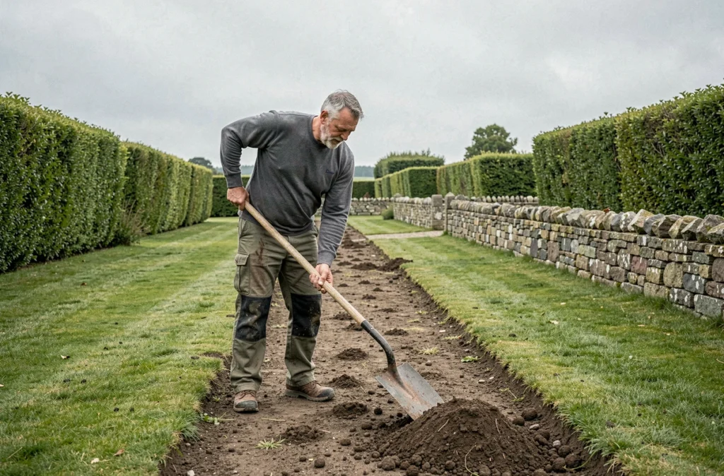 Daniel Moisan Paysages réalisant l'entretien d'un jardin rural en Côtes-d'Armor avec haies de bocage et murs en granit en arrière-plan