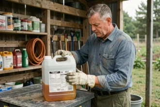 Agriculteur mesurant le dosage de glyphosate dans un récipient gradué d'un litre avec des gants de protection