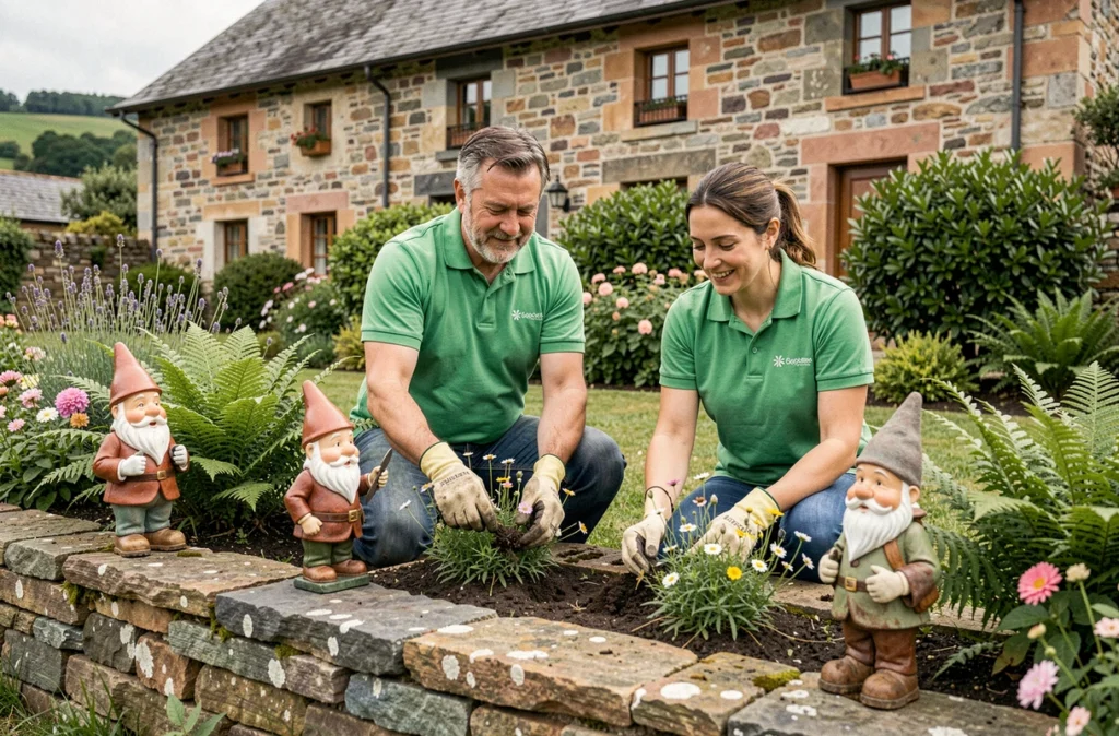 Équipe de paysagistes plantant des fleurs sauvages dans un jardin basque avec des décorations de lutins en pierre