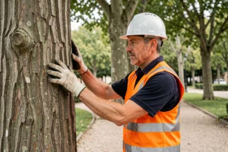 Élagueur professionnel inspectant un arbre dans un parc urbain à Nevers