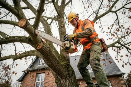 Élagueur professionnel en harnais taillant un grand chêne dans un jardin résidentiel du Nord de la France en automne