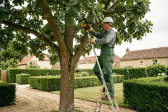 Élagueur professionnel en tenue de sécurité taillant un grand chêne dans un jardin résidentiel à Agen