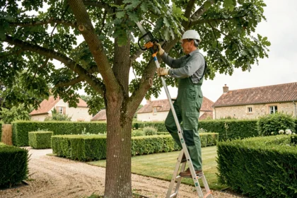 Élagueur professionnel en tenue de sécurité taillant un grand chêne dans un jardin résidentiel à Agen