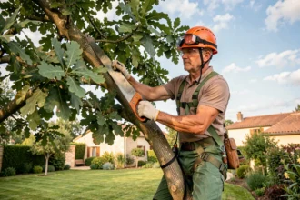 Élagueur professionnel en tenue de sécurité taillant un grand chêne dans un jardin près d'Agen