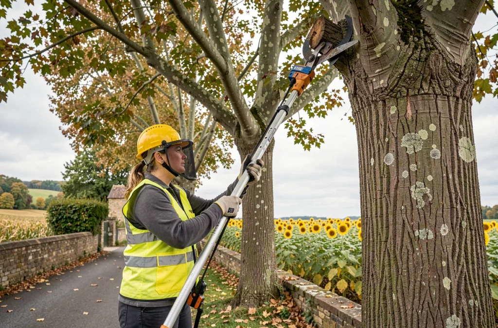 Élagueuse utilisant un élagueur télescopique sur un platane en bord de route dans le Lot-et-Garonne