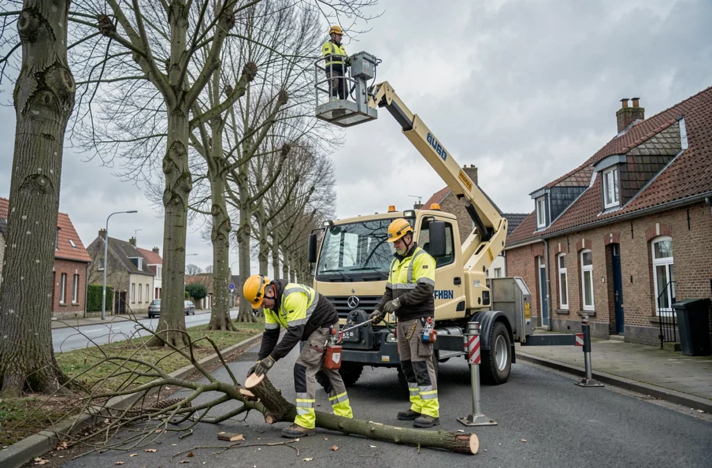 Deux élagueurs avec nacelle élagant des platanes dans une rue résidentielle du nord de la France