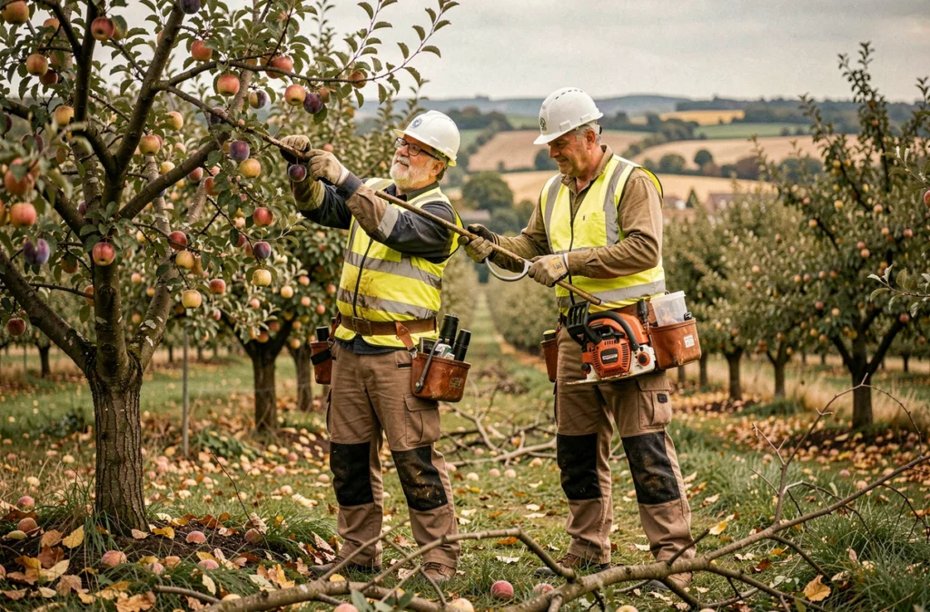 Deux élagueurs en équipe taillant des arbres fruitiers dans un verger privé en Lot-et-Garonne