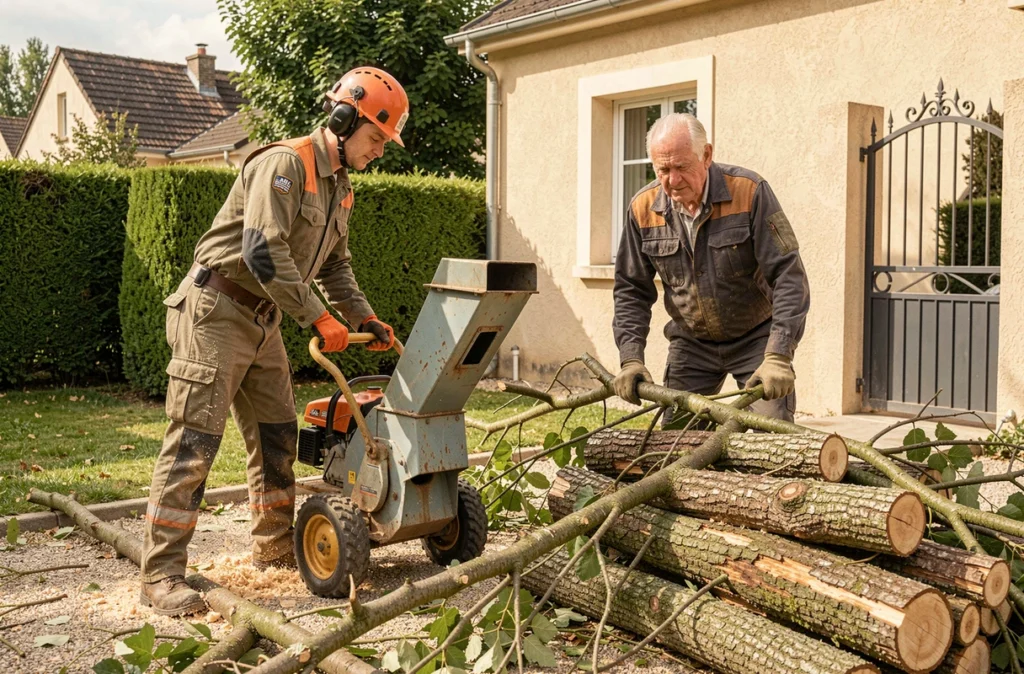 Deux élagueurs déchiquetant des branches dans un jardin de pavillon en banlieue d'Agen