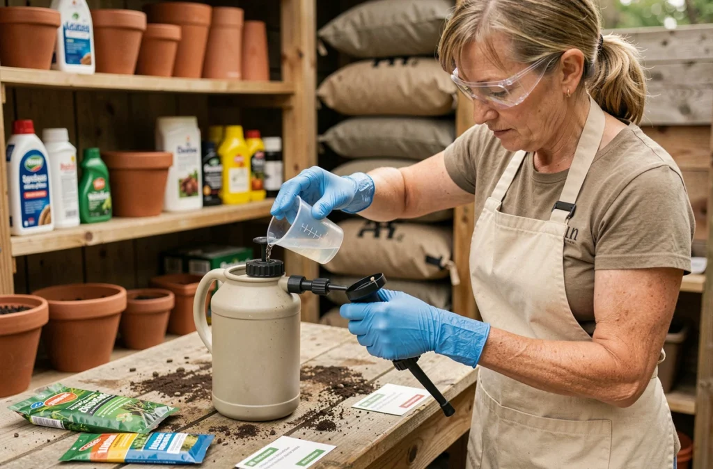 Femme versant avec précision la dose de glyphosate mesurée dans un pulvérisateur de jardin