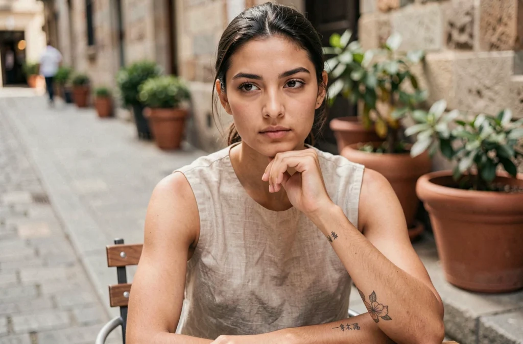 Jeune femme montrant son tatouage symbolique de lycoris radiata sur le poignet en terrasse de café