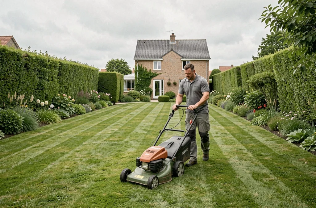 Agent de FS Multiservices tondant une pelouse résidentielle soignée dans les Hauts-de-France