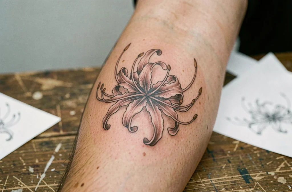 Gros plan d'un tatouage de lycoris radiata fraîchement réalisé sur le bras d'un homme avec détails d'encre fine