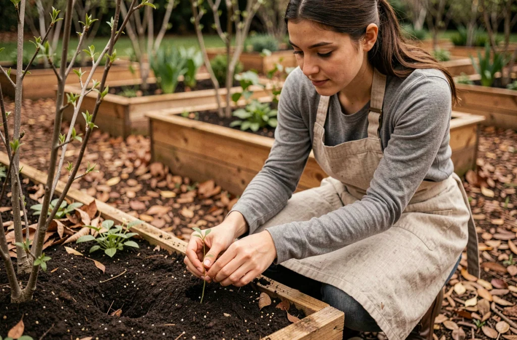 Horticultrice examinant un bourgeon dans un jardin en permaculture riche en humus et compost naturel