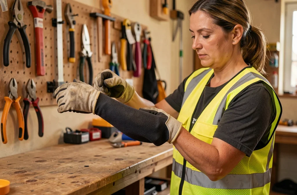 Professionnelle de l'élagage inspectant une manchette de protection en atelier avant utilisation sur chantier