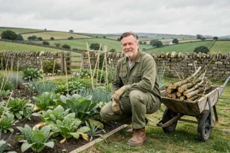 Jardinier professionnel travaillant dans un jardin breton typique avec murs en pierre et collines verdoyantes en arrière-plan