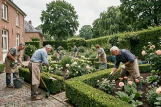 Équipe de jardiniers professionnels travaillant dans un jardin résidentiel des Hauts-de-France