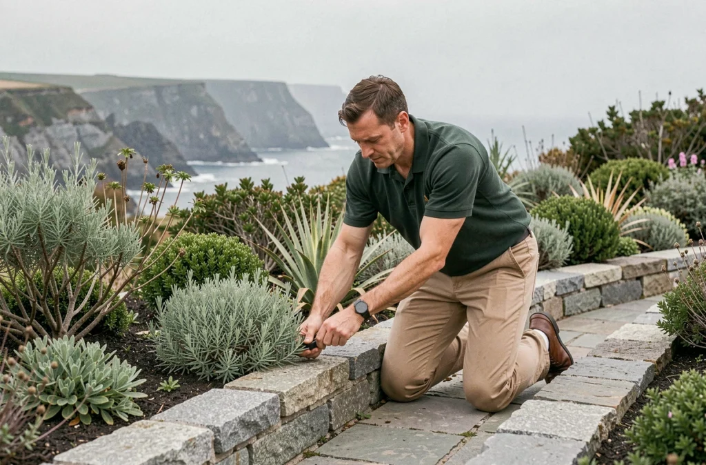 Paysagiste des Jardins de Bretagne arrangeant des plantes côtières le long d'un chemin en pierre près de Crozon