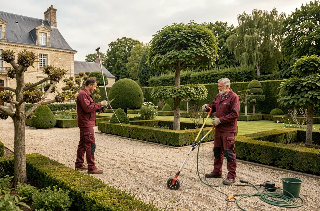 Équipe des Jardins du Hainaut taillant des arbres ornementaux dans un jardin formel du nord de la France