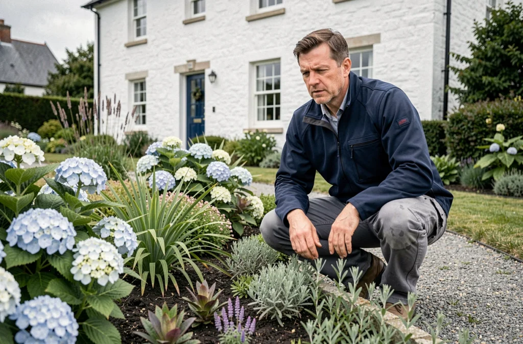 Paysagiste des Jardins d'Olivier soignant une bordure d'hortensias devant une maison bretonne traditionnelle dans le Finistère