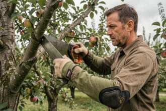 Élagueur portant une manchette de protection anti-coupure lors de l'élagage d'un arbre fruitier en verger