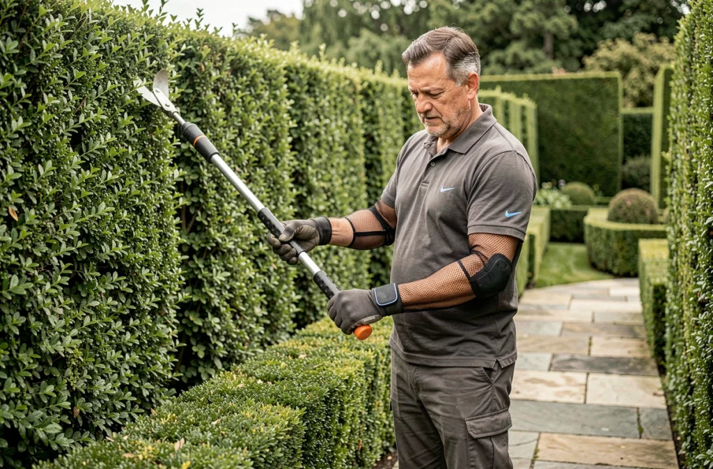 Jardinier professionnel équipé de manchettes de protection sur les deux avant-bras taillant des haies en jardin formel
