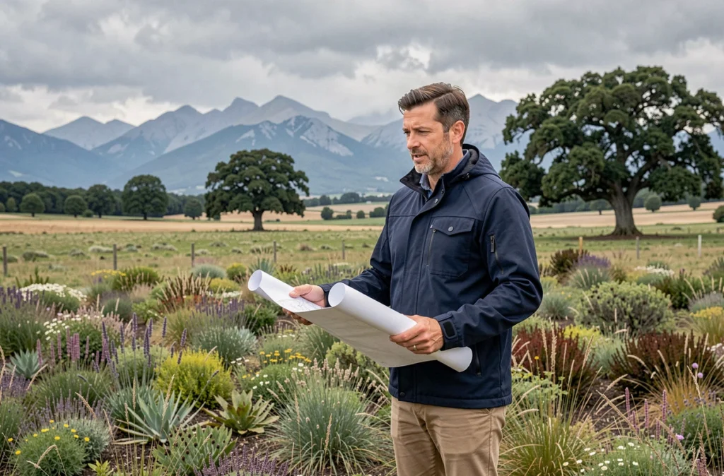 Paysagiste tenant un plan d'aménagement devant un paysage naturel des Pyrénées-Atlantiques en cours de restauration