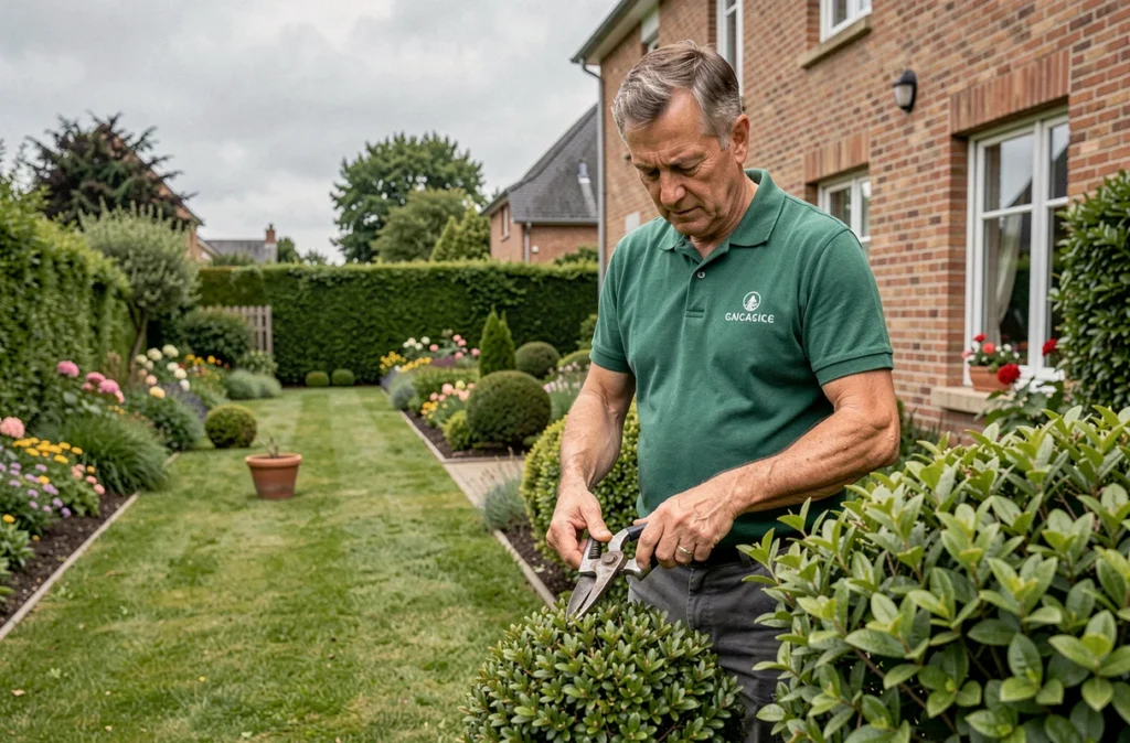 Jardinier de Nature Green taillant des arbustes dans un jardin soigné du nord de la France