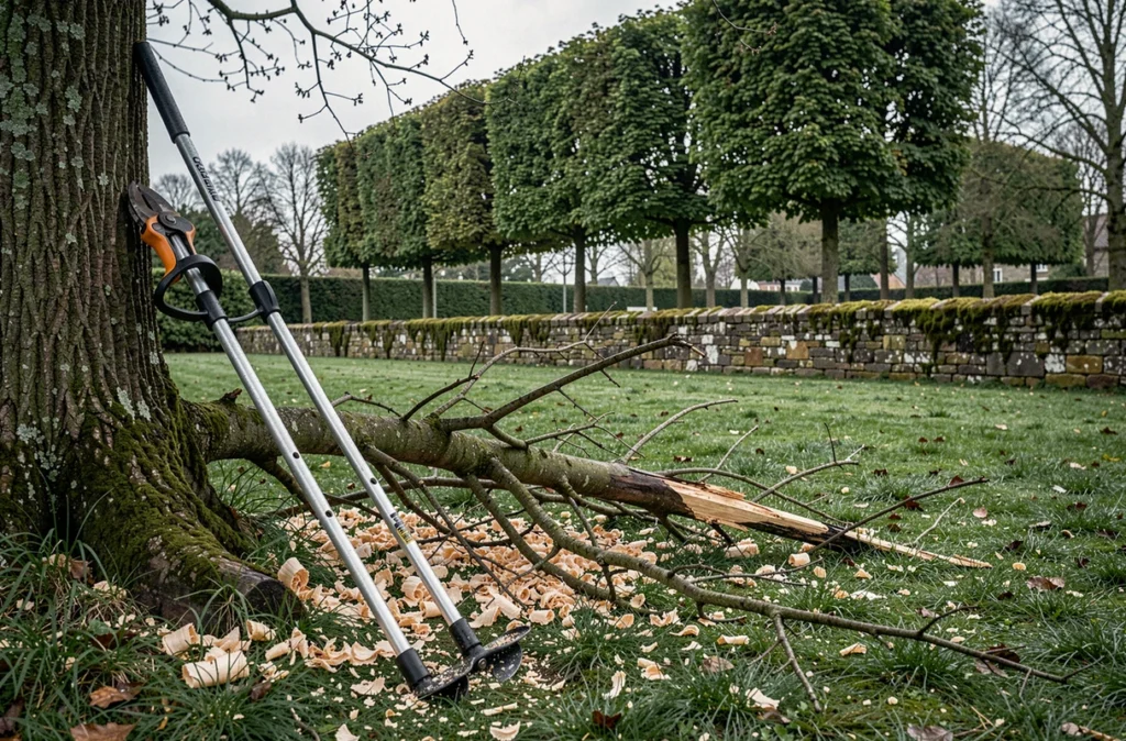 Outils d'élagage professionnels posés sur l'herbe après une taille d'arbres dans un jardin du Nord