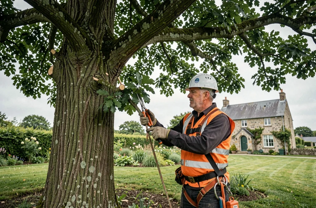 Pascal Le Du, spécialiste en élagage, équipé d'un harnais de sécurité et d'un casque, travaillant sur un chêne dans un jardin breton