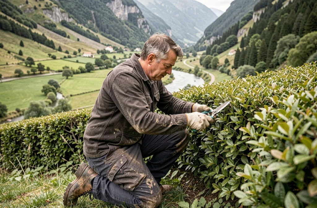 Paysagiste en vallée pyrénéenne taillant une haie avec les montagnes verdoyantes en arrière-plan