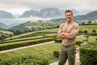Paysagiste professionnel dans les Pyrénées-Atlantiques contemplant un jardin aménagé avec les montagnes en arrière-plan