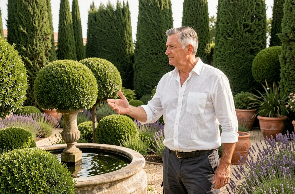 Jardinier expert présentant une création paysagère formelle avec topiaires et fontaine pour Phil Jardins