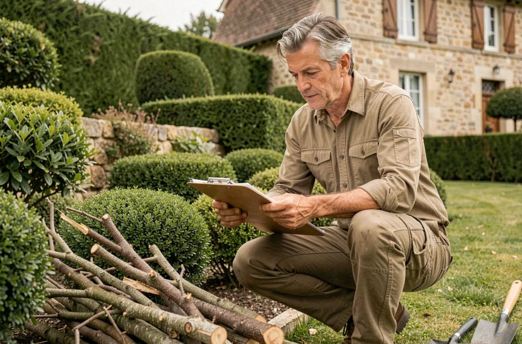 Professionnel de l'élagage évaluant les travaux de taille d'arbustes dans un jardin privé à Agen