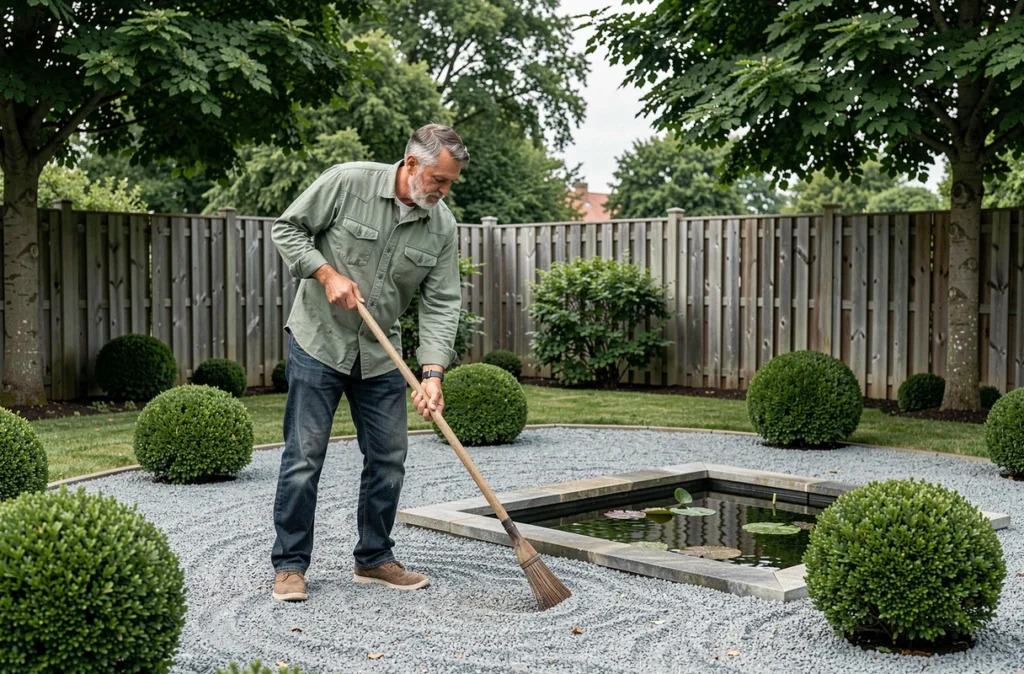 Jardinier de Sérénité et Confort entretenant un jardin zen avec graviers décoratifs dans le nord de la France