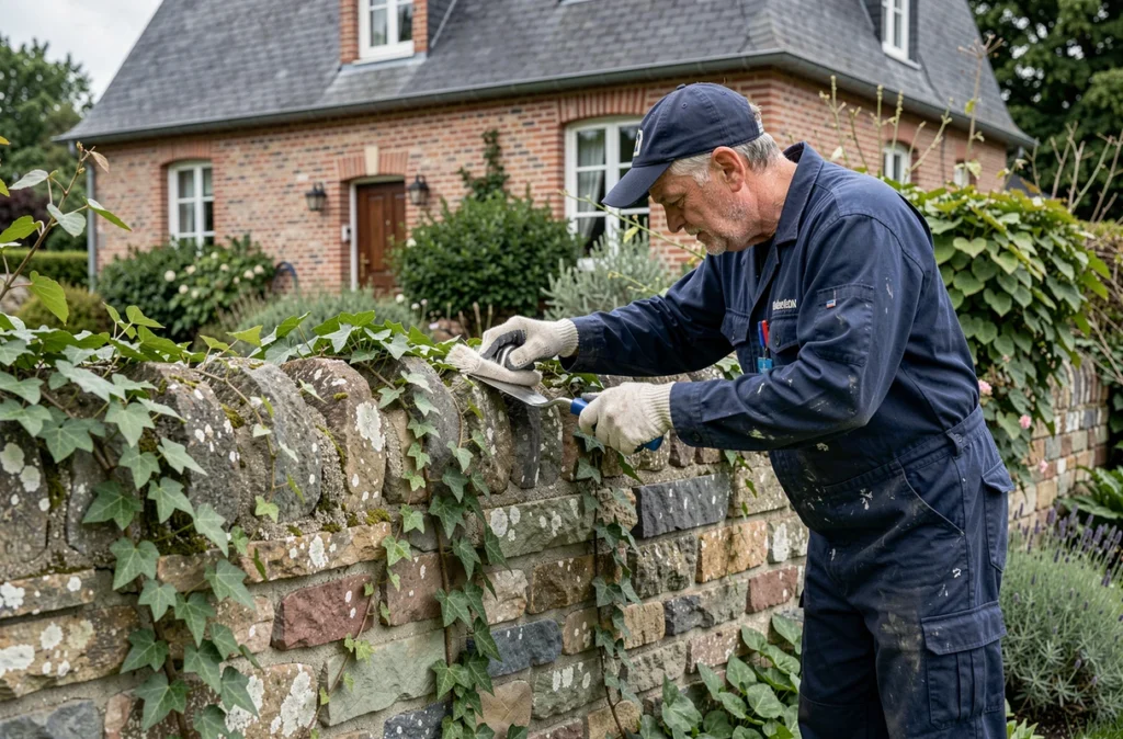 Ouvrier de Soeiro Rénovation restaurant un mur de jardin en pierre dans une propriété du nord de la France