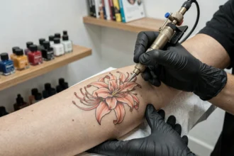 Tatoueur au travail gravant un motif de lycoris radiata sur l'avant-bras d'une femme dans un studio de tatouage moderne