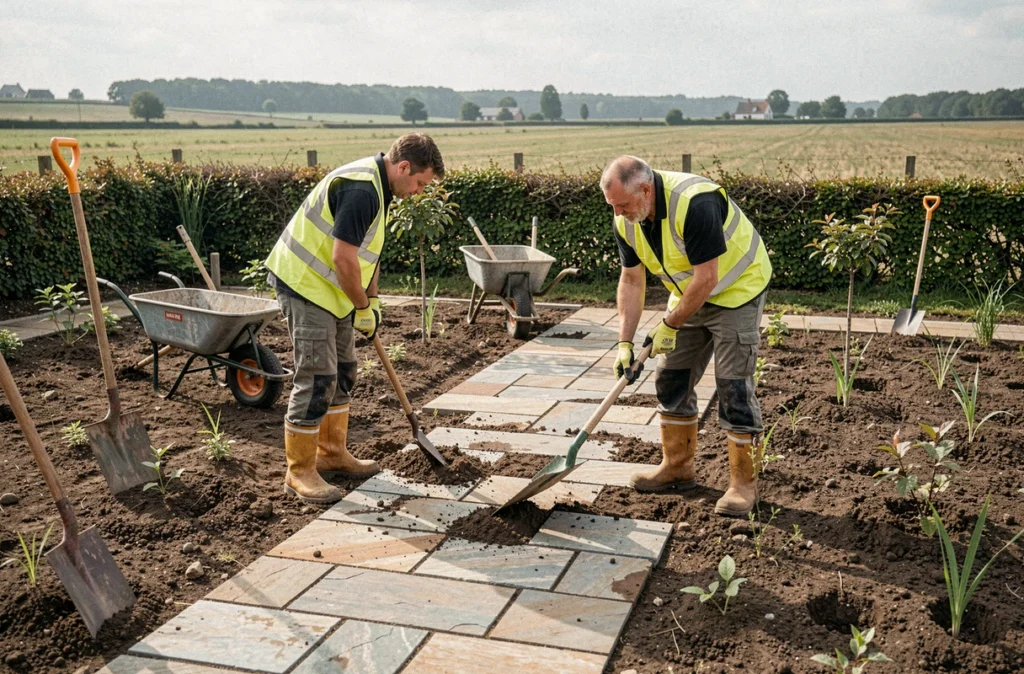 Équipe de Tissoires Paysages aménageant une allée en pierre dans un jardin paysager du nord