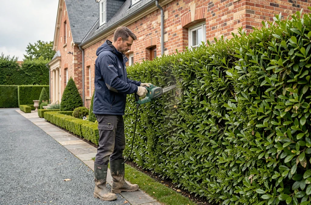 Ouvrier de Travaux Courtois taillant une haie formelle devant une maison en brique des Hauts-de-France
