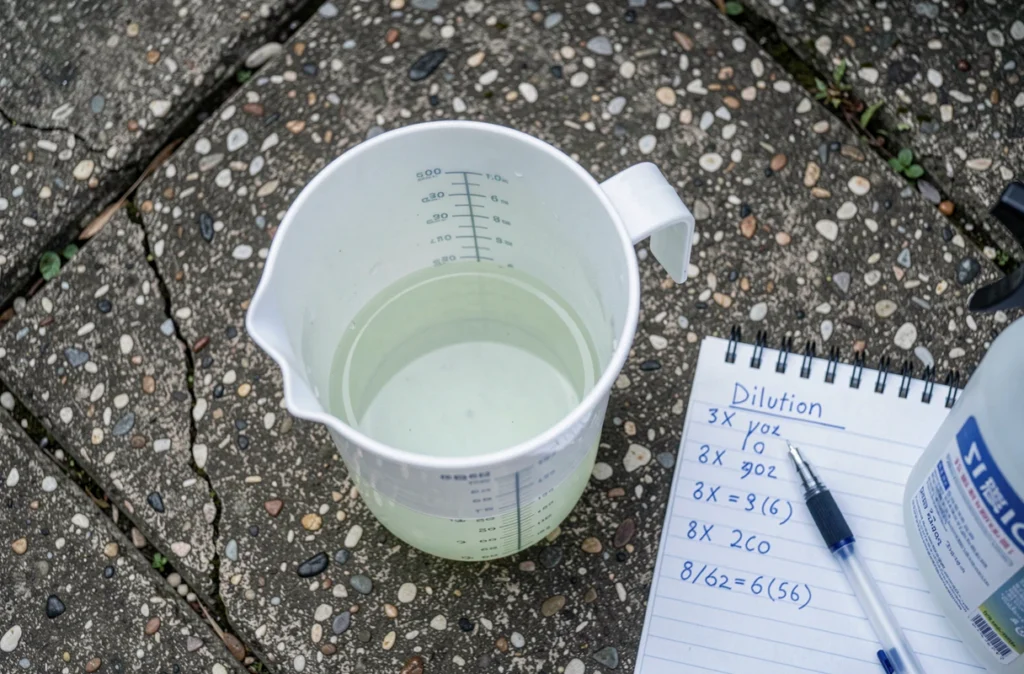 Vue de dessus d'un verre doseur gradué avec solution de glyphosate et notes de dilution sur béton