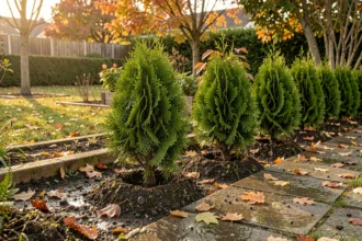 Haie de jeunes thuyas fraîchement plantée en automne