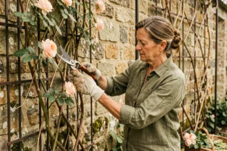 Femme taillant un rosier grimpant sur un mur en pierre avec un sécateur, geste précis à 45 degrés au-dessus d'un bourgeon