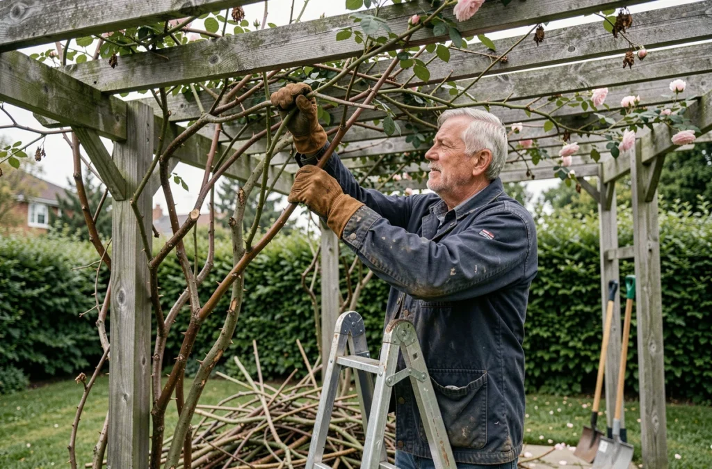 Homme sur un escabeau taillant un rosier grimpant sur une pergola en bois, erreurs de taille visibles au sol dans un jardin de banlieue